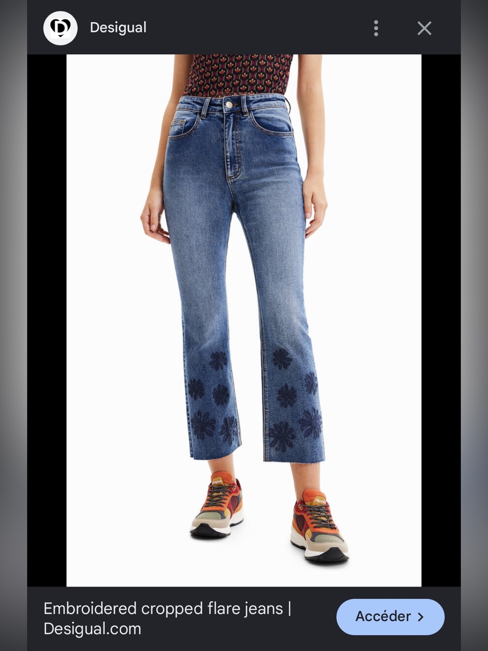 Desigual Blue Cropped Flare Jeans with Dark Floral Embroidery